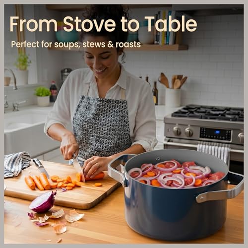 BAKKENMASTER Bakken 8.5 Quart Ceramic Coated Stock Pot with Lid, Easy Clean Nonstick Pot, Tempered Glass Lid, Riveted Stainless Steel Handles, Oven Safe Up To 500°F, PTFE & PFAS Free, All Stove Compatible, Blue - Image 5