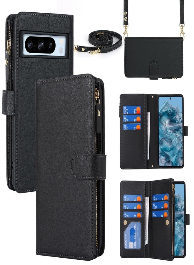 Jaorty for Google Pixel 8 Pro Phone Wallet Case for Women with Card Holder,Crossbody Pixel 8 Pro Case with Strap Lanyard,Zipper Pocket Magnetic Flip Leather Pixel 8 Pro Case,6.7" Black - Image 1