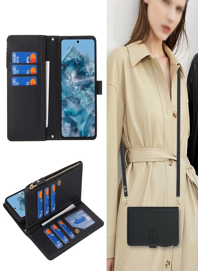 Jaorty for Google Pixel 8 Pro Phone Wallet Case for Women with Card Holder,Crossbody Pixel 8 Pro Case with Strap Lanyard,Zipper Pocket Magnetic Flip Leather Pixel 8 Pro Case,6.7" Black - Image 2