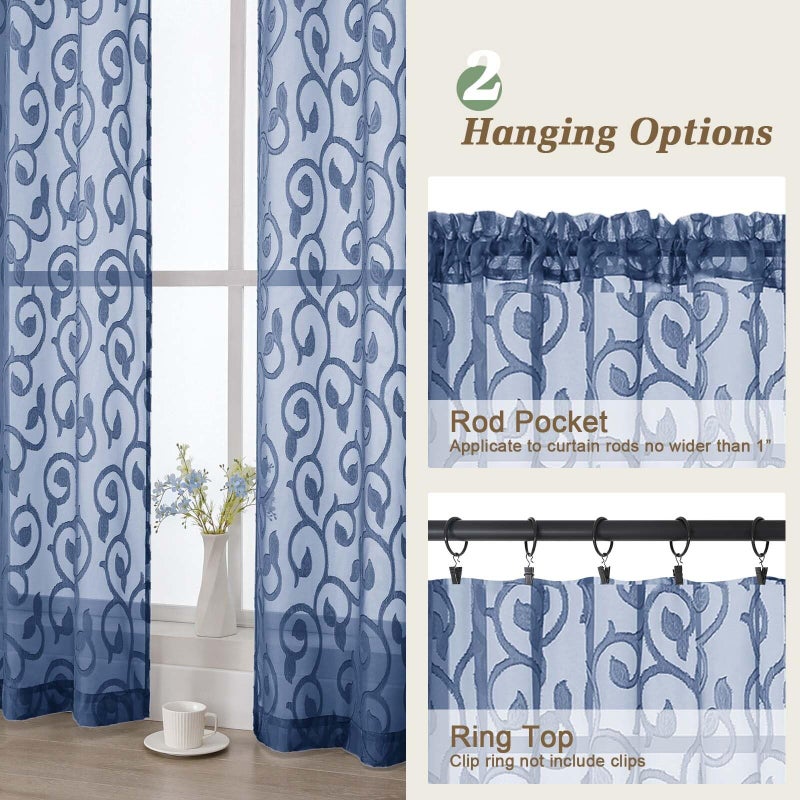 WelvetBLK Dusty Blue Sheer Curtains 84 Inches Long 2 Panels Set for Bedroom Living Room, Soft Solid Airy Elegant Geometric Jacquard Clip Light Filtering Curtains Drapes, 2Pcs Total Wide 84" Inch - Image 4