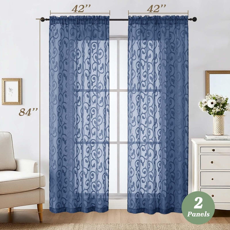 WelvetBLK Dusty Blue Sheer Curtains 84 Inches Long 2 Panels Set for Bedroom Living Room, Soft Solid Airy Elegant Geometric Jacquard Clip Light Filtering Curtains Drapes, 2Pcs Total Wide 84" Inch - Image 5