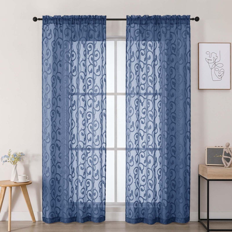 WelvetBLK Dusty Blue Sheer Curtains 84 Inches Long 2 Panels Set for Bedroom Living Room, Soft Solid Airy Elegant Geometric Jacquard Clip Light Filtering Curtains Drapes, 2Pcs Total Wide 84" Inch - Image 1
