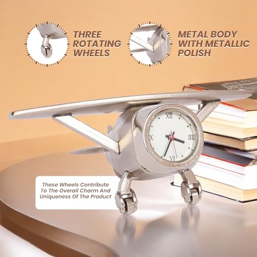 PUREjoy Aeroplane Miniature Analog Table Clock|Stylish Alloy Desk Clock with Roman Numerals,Rotating Wheels,and Silver Finish for Office,Home Décor,Paperweight,and Corporate Gifting,9 cm,7 cm - Image 2