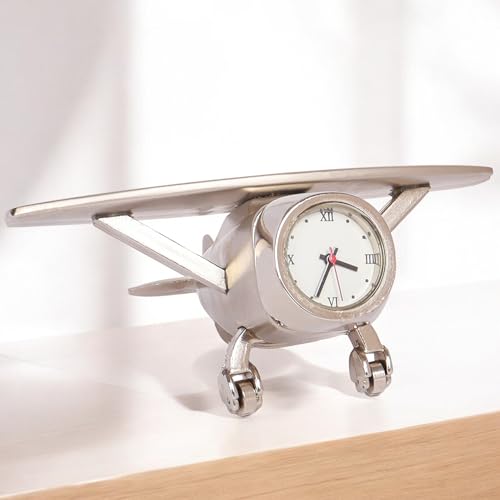 PUREjoy Aeroplane Miniature Analog Table Clock|Stylish Alloy Desk Clock with Roman Numerals,Rotating Wheels,and Silver Finish for Office,Home Décor,Paperweight,and Corporate Gifting,9 cm,7 cm - Image 1
