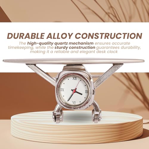 PUREjoy Aeroplane Miniature Analog Table Clock|Stylish Alloy Desk Clock with Roman Numerals,Rotating Wheels,and Silver Finish for Office,Home Décor,Paperweight,and Corporate Gifting,9 cm,7 cm - Image 3