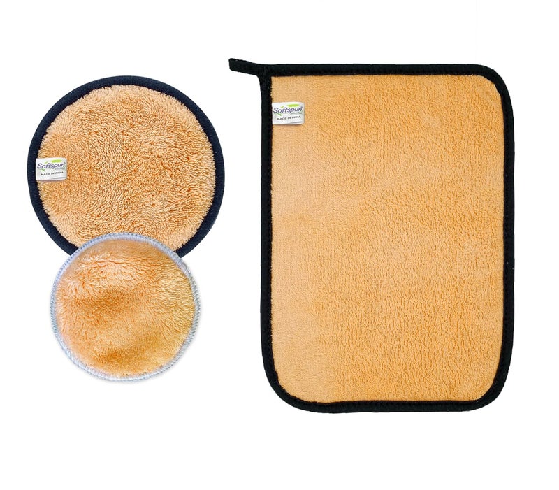 SOFTSPUN Microfiber Reusable Makeup Remover Cleansing Pads With Wipe Towel for Face Eyes Lipstick Combo Pack of 3 280 GSMBeige Safe for all Skin Types - Image 1