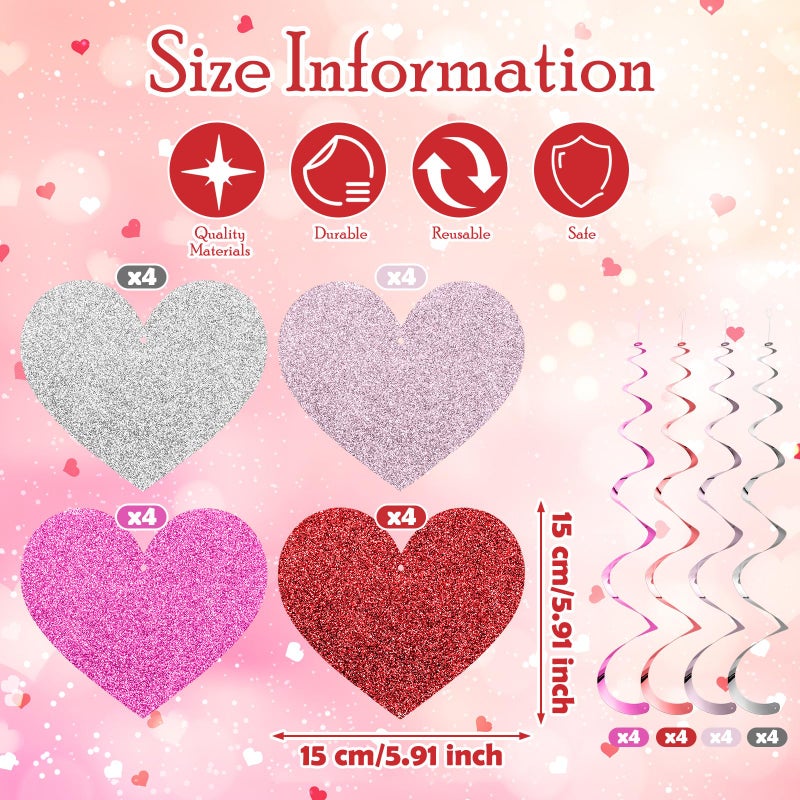Chivertion 32 Pcs Valentines Party Decorations Pink Red Heart Hanging Swirls Decor Double-Sided Glitter Heart Streamers Ceiling Swirls for Valentine's Party Romantic Wedding Hanging Decorations - Image 4