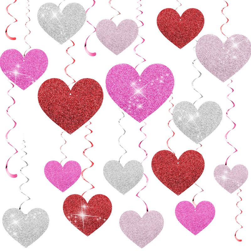 Chivertion 32 Pcs Valentines Party Decorations Pink Red Heart Hanging Swirls Decor Double-Sided Glitter Heart Streamers Ceiling Swirls for Valentine's Party Romantic Wedding Hanging Decorations - Image 1