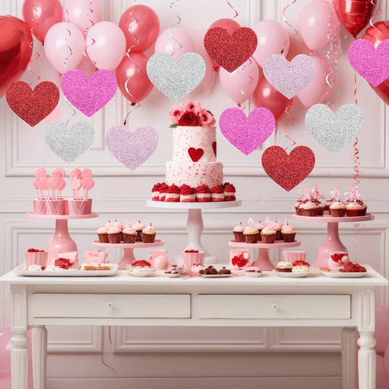 Chivertion 32 Pcs Valentines Party Decorations Pink Red Heart Hanging Swirls Decor Double-Sided Glitter Heart Streamers Ceiling Swirls for Valentine's Party Romantic Wedding Hanging Decorations - Image 2