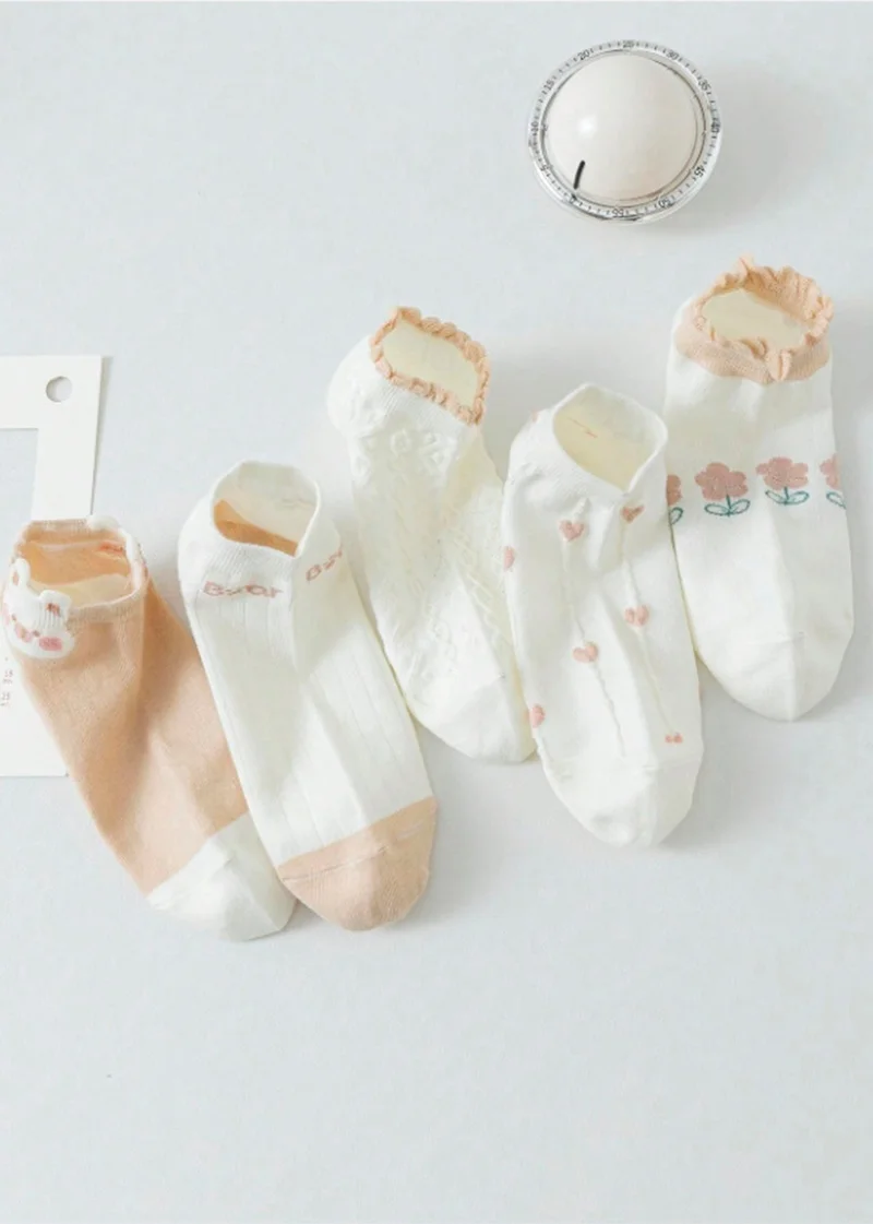 Esinti Black Women Socks White Women Booties Summer Thin Socks Ankle Length Short Socks 5 Pairs
