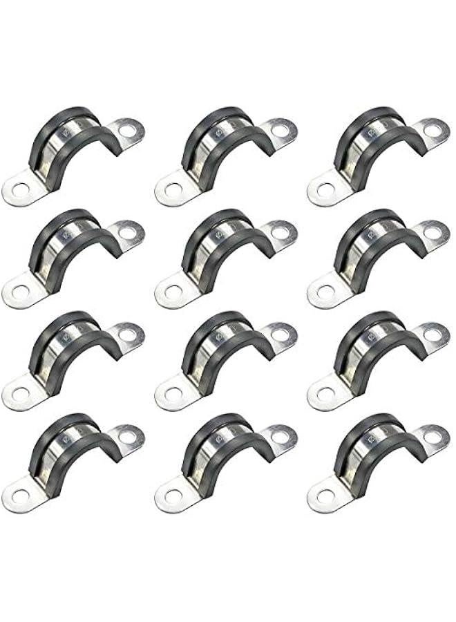 12 Pcs 22mm Rubber Pipe Strap 304 stainless steel Rubber Cushioned Cable Clamp, 2 hole u-tube strap clamp for Tube, Pipe or Wire Cord Installation - Image 1