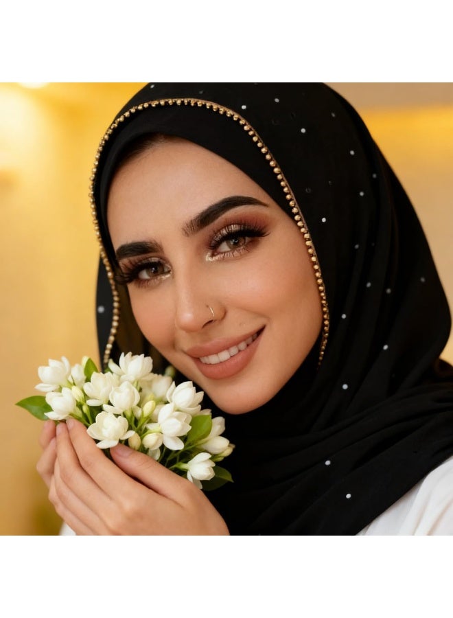 2Pcs Black Rhinestone Chiffon Hijab Scarf, Sparkly Gold Bead Trim Muslim Women Head Wrap for Party Daily Wear - Image 4