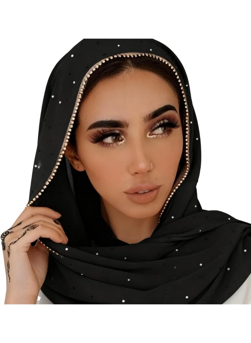 2Pcs Black Rhinestone Chiffon Hijab Scarf, Sparkly Gold Bead Trim Muslim Women Head Wrap for Party Daily Wear - Image 5