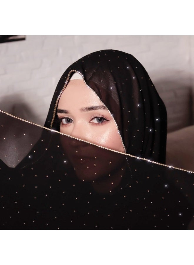 2Pcs Black Rhinestone Chiffon Hijab Scarf, Sparkly Gold Bead Trim Muslim Women Head Wrap for Party Daily Wear - Image 2
