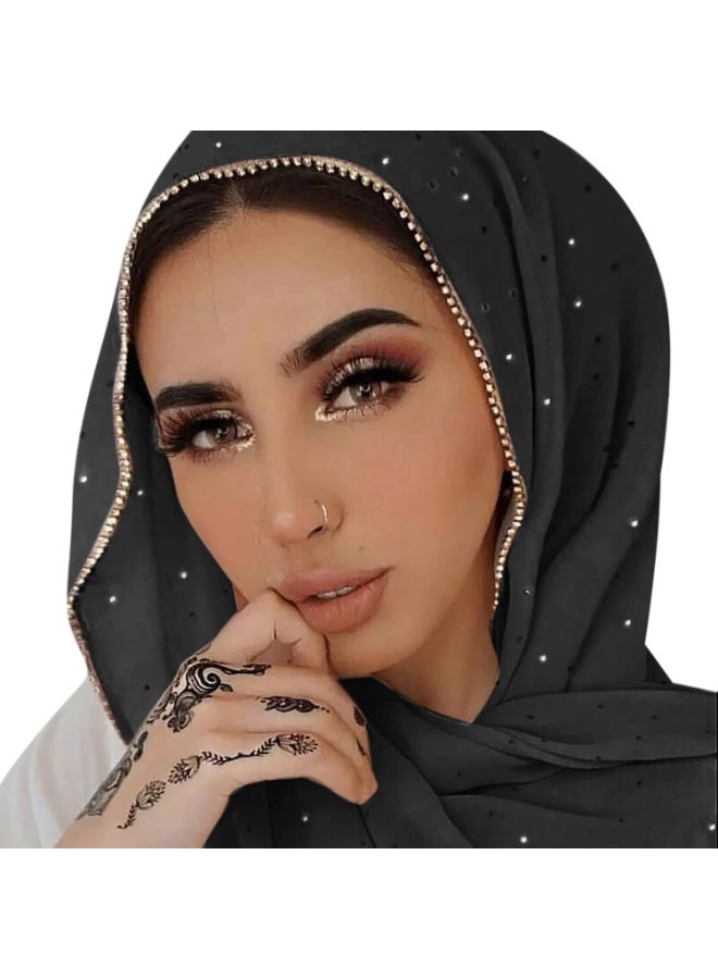 2Pcs Black Rhinestone Chiffon Hijab Scarf, Sparkly Gold Bead Trim Muslim Women Head Wrap for Party Daily Wear - Image 1