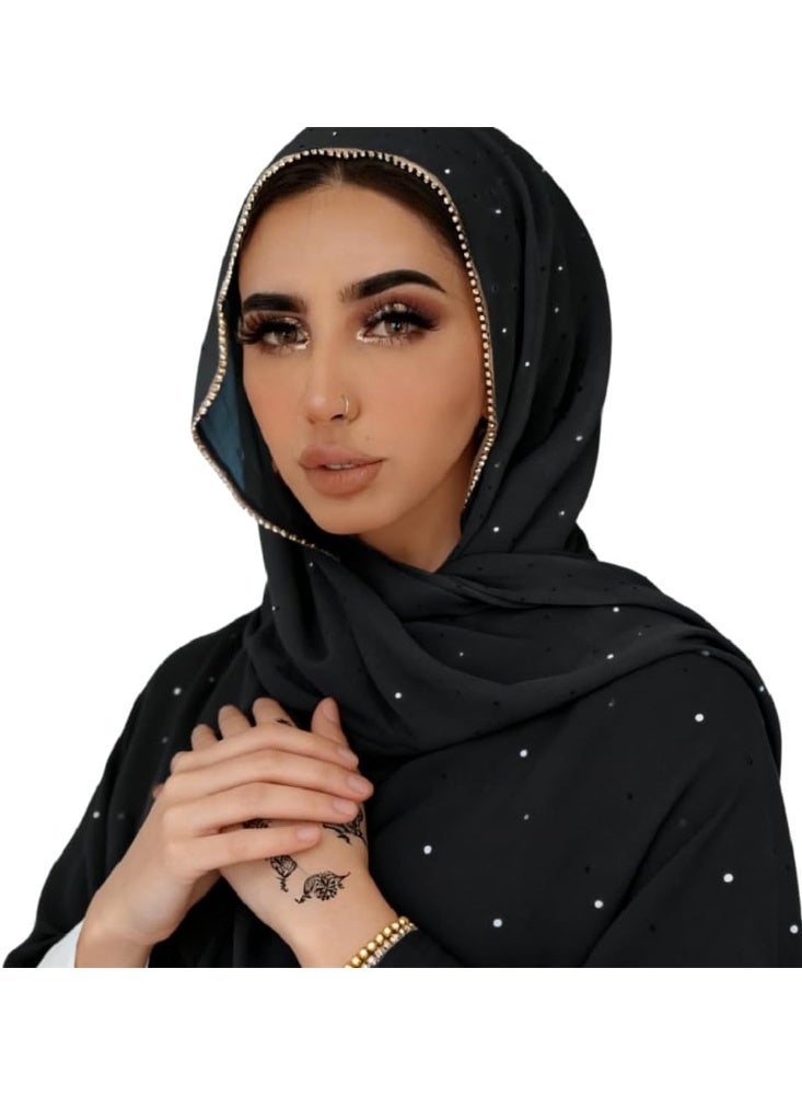 2Pcs Black Rhinestone Chiffon Hijab Scarf, Sparkly Gold Bead Trim Muslim Women Head Wrap for Party Daily Wear - Image 3