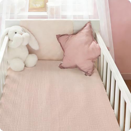 Knirose 100% Organic Cotton Baby Crib Sheets Muslin 52x28 Inches 2 Pack Soft Fitted Crib Mattress Sheet for Baby Girls, Boho Toddler Bed Sheets Fits Well Standard Size Crib Mattress 28x52 Inches Floral & Pink - Image 2