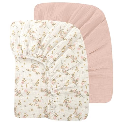 Knirose 100% Organic Cotton Baby Crib Sheets Muslin 52x28 Inches 2 Pack Soft Fitted Crib Mattress Sheet for Baby Girls, Boho Toddler Bed Sheets Fits Well Standard Size Crib Mattress 28x52 Inches Floral & Pink - Image 1