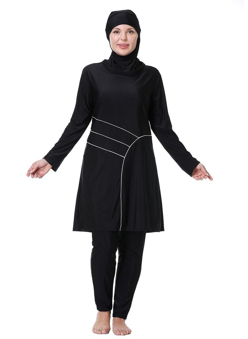 Loquat Large Size Highly Elastic Swimwear Set Womens Conservative Style Long Sleeve Burkini Swimsuit Set Black 