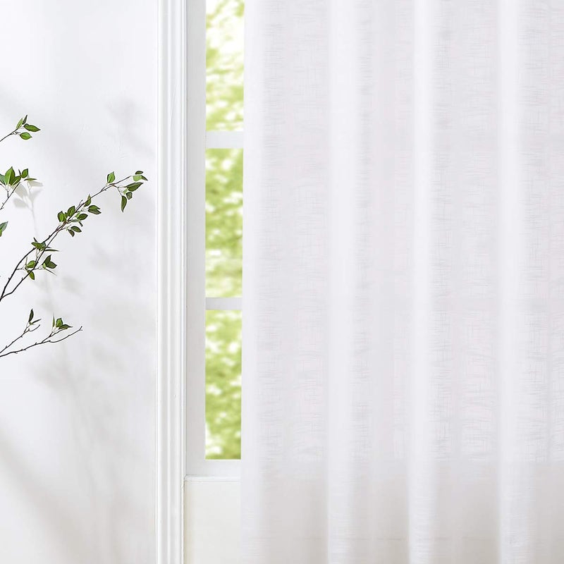 FMFUNCTEX Linen Sheer White Curtains Sliding Door Curtain 108inches Long Patio Glass Door Curtain Panel 100"" Width Rich Cross Weave Textured Semi-Sheers Living Room Divider Bedroom Window Draperies 1pc - Image 3