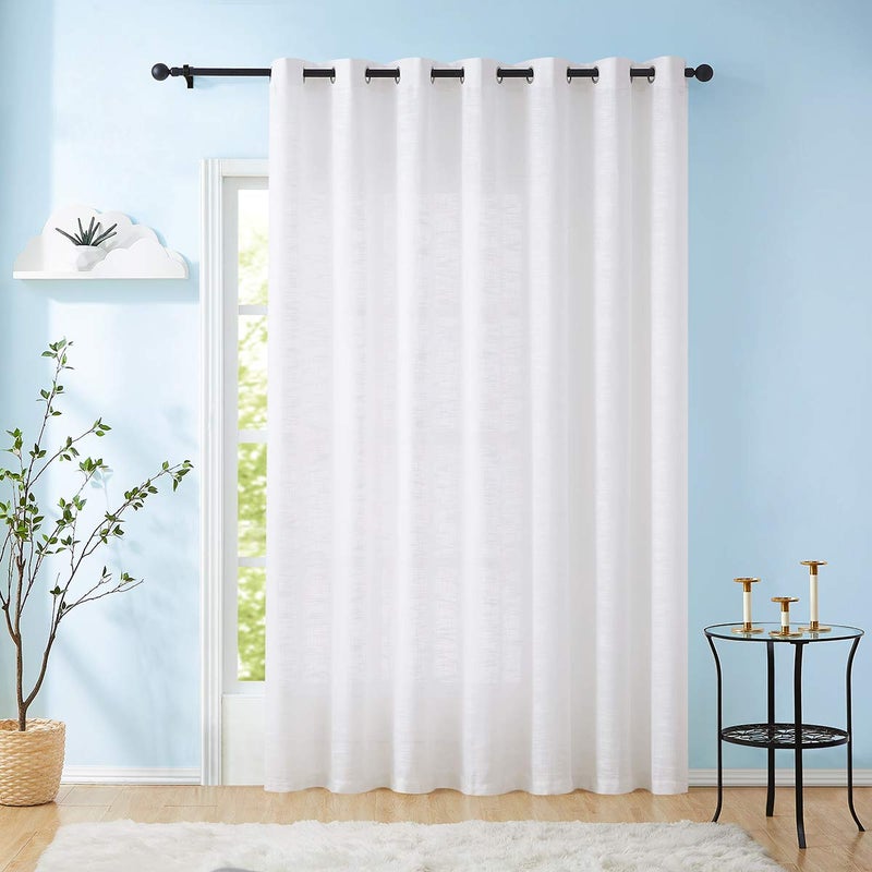 FMFUNCTEX Linen Sheer White Curtains Sliding Door Curtain 108inches Long Patio Glass Door Curtain Panel 100"" Width Rich Cross Weave Textured Semi-Sheers Living Room Divider Bedroom Window Draperies 1pc - Image 1