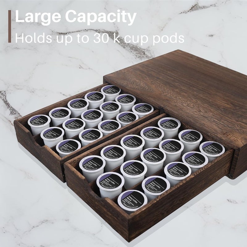 HTB K Cup Holder Compatible with K Cups,Coffee Pod Holder Holds Up 30 Cups,K Cup Organizer Storage Drawer (Wood-b) - Image 4