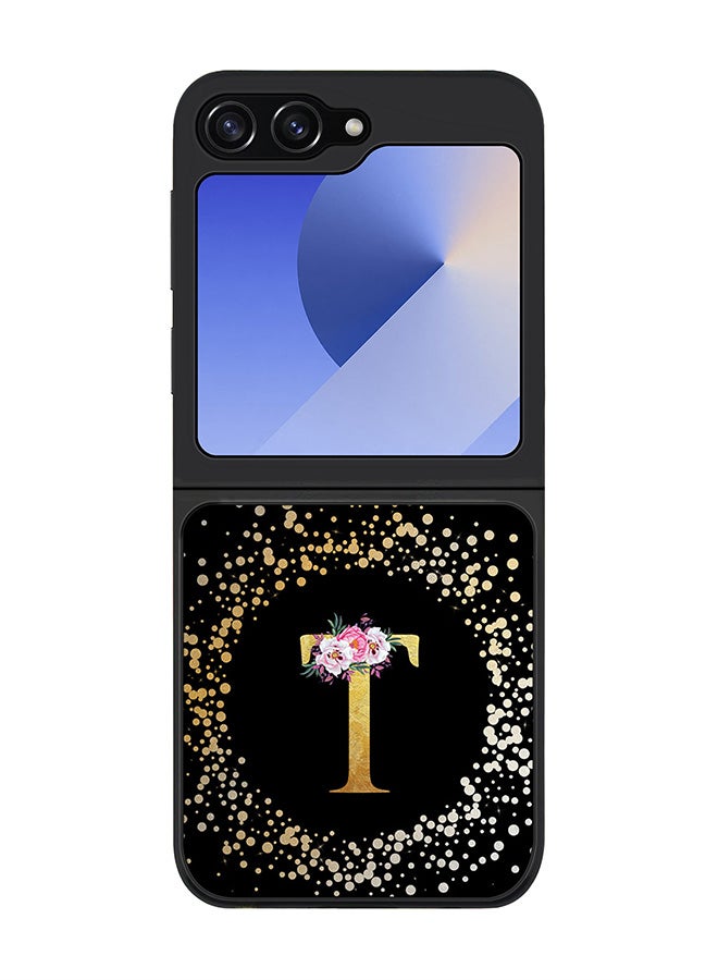 Stylizedd Rugged Black edge case for Samsung Galaxy Z Flip7 FE, Slim fit Case Flexible Cover - Custom Monogram Initial Letter Floral Pattern Alphabet - T ( Black ) - Image 1