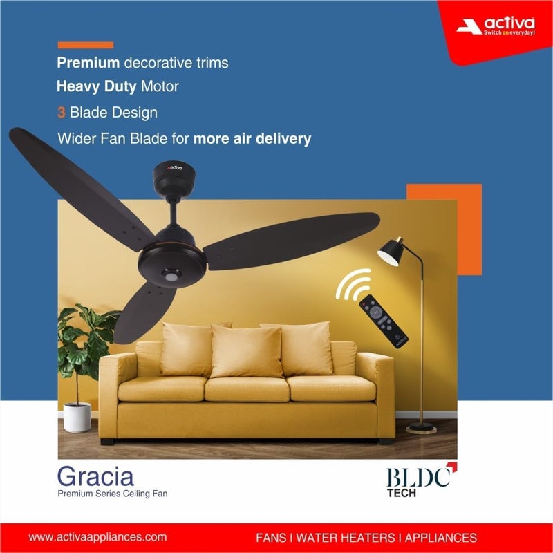 Activa Gracia 1200 MM (28 Watts) BLDC Motor Fan With LED Light |Remote| 3 Blade Energy Saving Ceiling Fan With 5 Year Warranty (Smoke Brown) - Image 5