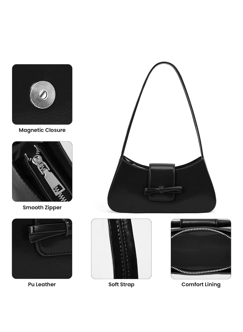 KASTWAVE Black Shoulder Bag Tote Bag for Women Bow Purse for Women Y2k Hobo Handbags Satchel Bag Trendy Clutch Black Purse Vegan Leather Y2k Underarm Bag - Image 3