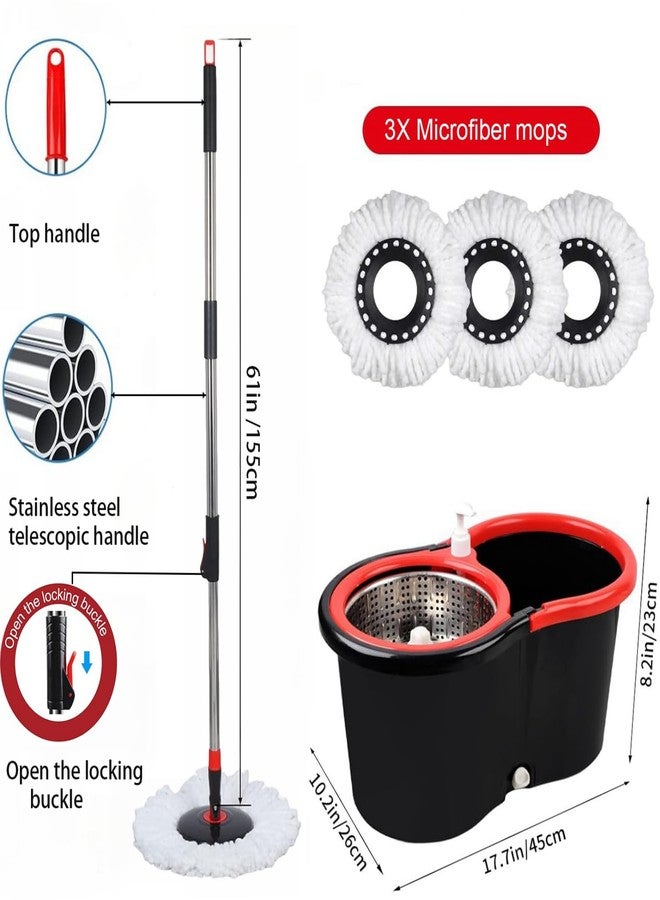 Roixeeds Spin Mop and Bucket with Wringer Set, 360° Spinning Mop Bucket System with 3 Microfiber Mop Replacement Heads, 61" Stainless Steel Extended Handle for Floor Cleaning Home Office - Image 2