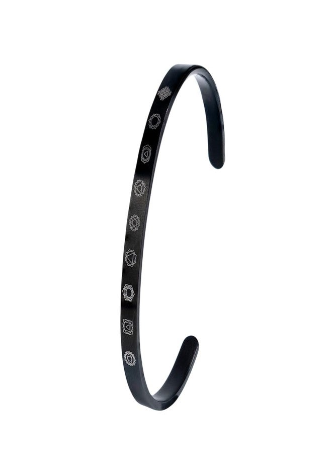 Mesmerize 9 Chakra Gloss Cuff Adjustable Bracelet | Spiritual Energy Balance Bracelet for Men & Women | Stainless Steel Gloss Finish | Open Cuff Kada Style (Black) - Image 1