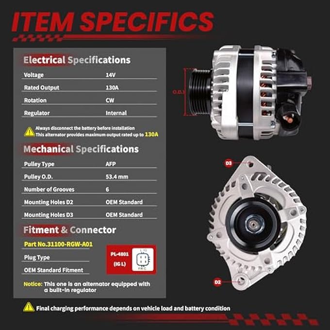 TSSLIIN High Output Alternator for-Honda Odyssey 2008-2010 Pilot 2009-2011 for-Ridgeline For-Acura MDX ZDX 2010-2013 RL TL TSX 130Amp 12V CW 6-Groove Pulley 31100-RGW-A01 11391 - Image 3