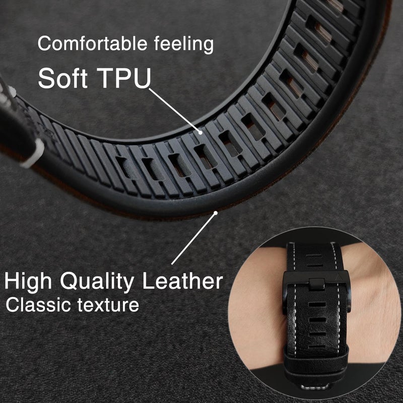 Abanen Quick Fit 22mm Leather Watch Bands for Garmin Fenix 8 / epix Pro/Tactix 8 (47mm), Fiber Leather with Silicone Lining Stitches Soft Sweat-proof Wrist Strap for Fenix 7/6 / 5, Descent G2 (Black) - Image 4