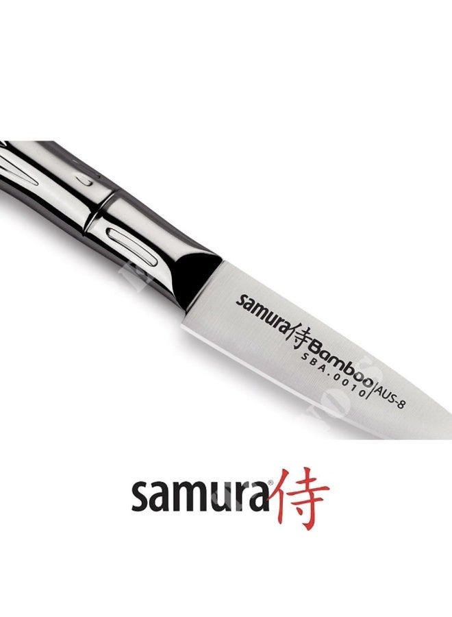 SAMURA BAMBOO Paring Knife 80 mm | Small 3.2-Inch Stainless Steel Fruit & Vegetable Knife | AUS‑8 Japanese Steel | Full Metal Bamboo Handle | Precision Peeling Knife for Kitchen - Image 4