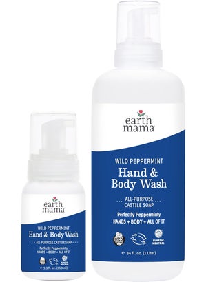 Earth Mama Wild Peppermint Hand  Body Wash Refill  Foaming Castile Soap Liquid and Hand Soap Made with Organic Wild Mint  Peppermint Oil 53floz  Liter Refill