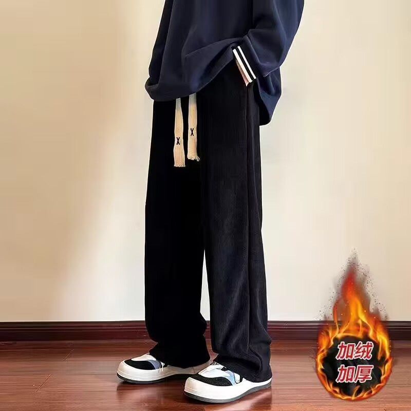 Corduroy Pants Mens Autumn and Winter 2023 New Loose Straight fleece-lined Pants Mens Sports Casual Pants WJ00 Black (fleece-lined)