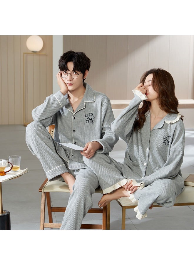 Autumn Winter Couple Men and Women Cotton Sleepwear Turn-down Collars Long Sleeve Pants Solid Nightwear Suit - Image 1