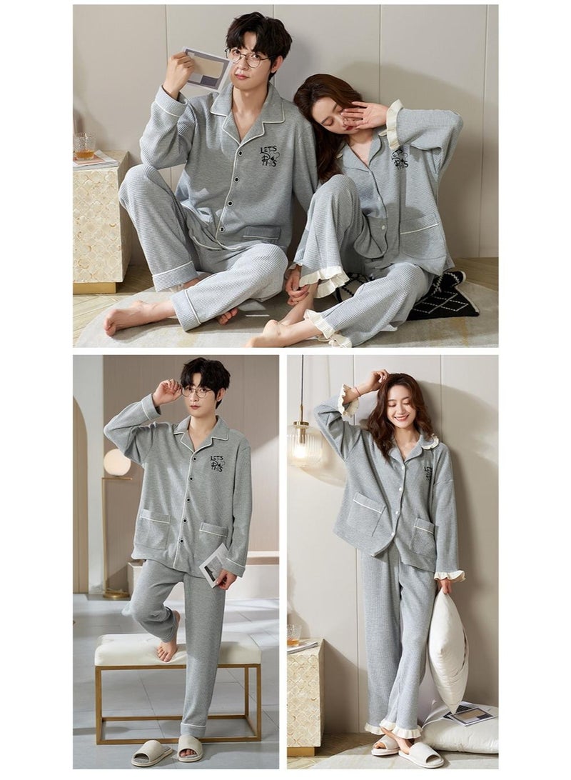 Autumn Winter Couple Men and Women Cotton Sleepwear Turn-down Collars Long Sleeve Pants Solid Nightwear Suit - Image 2