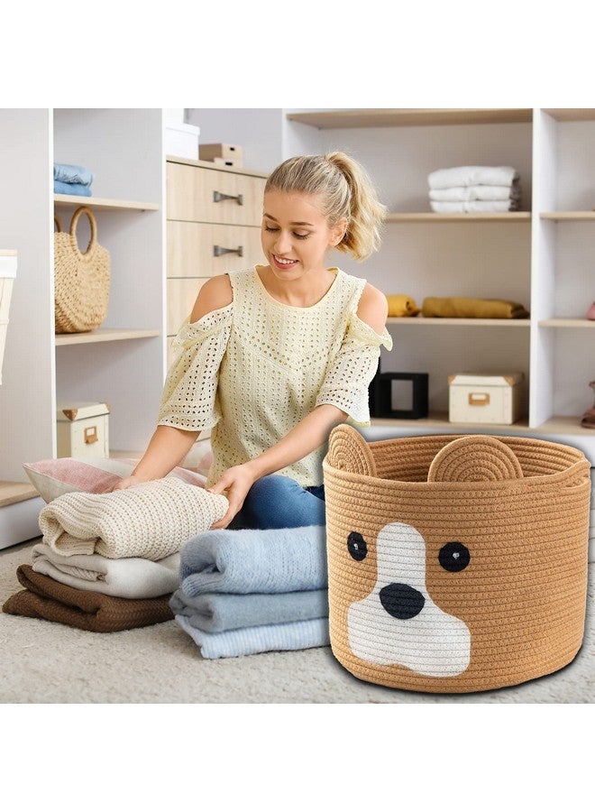 Ushang Pet سلة تخزين للكلاب، سلال هدايا فارغة للكلاب لألعاب الأطفال، سلال حيوانات مصنوعة من حبل قطن مضفر مع مقبض، سلة ألعاب للحيوانات الأليفة للكلاب، كاكي - Image 3
