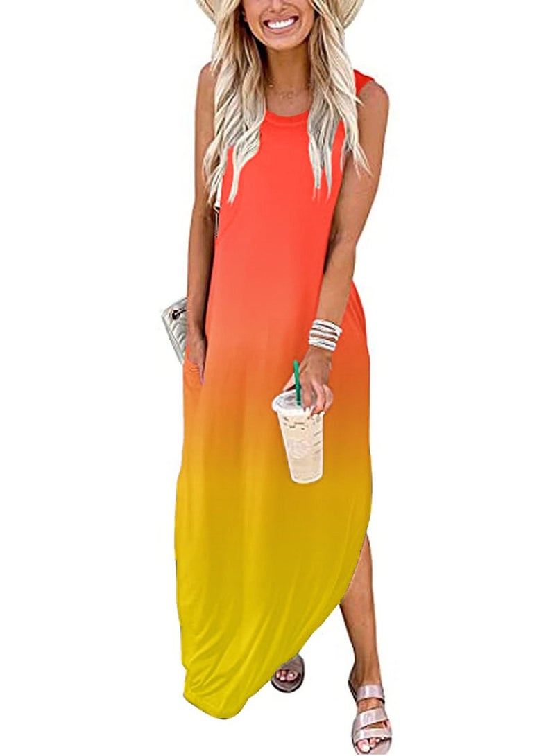 Loquat New Women's Crewneck Sleeveless Gradual Color Print Dress