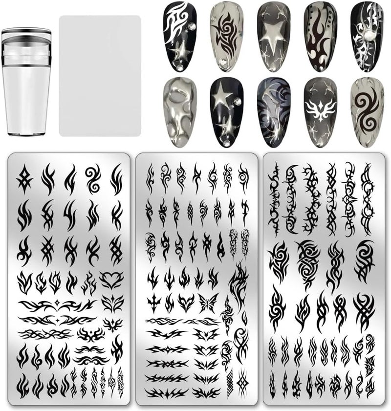 PH PandaHall 3pcs Tribal Style Nail Stamping Plates Swirl Pattern Nail Art Stencil Gothic Manicure Art Templates Flame Butterfly Nails Stamper Plate for Women DIY Manicures Salon Design Printing