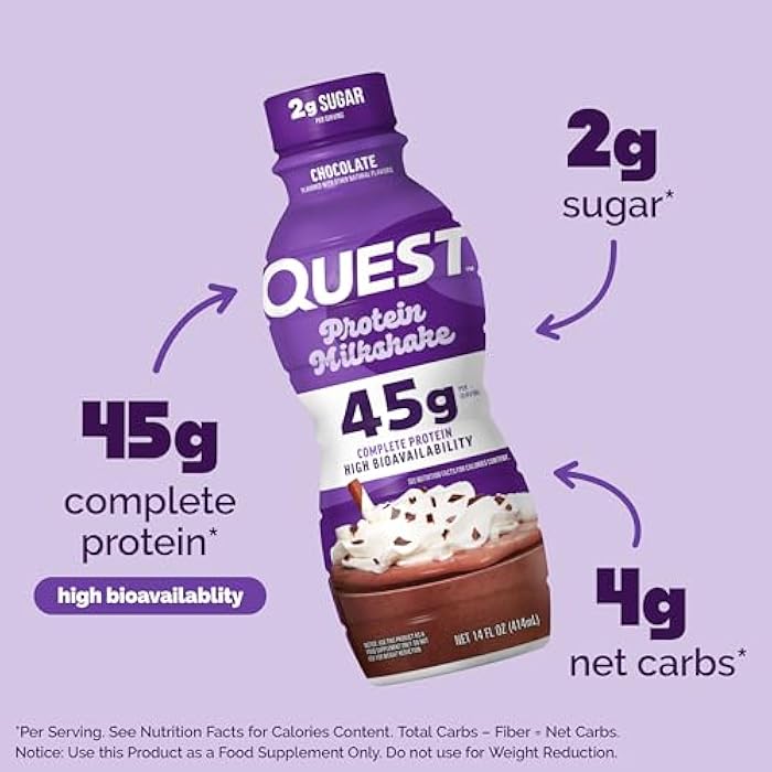 Quest Nutrition Chocolate Protein Shake, 45g Protein, 2g Sugar, 4g Net Carbs, Ready to Drink, Gluten Free, 4 Count - Image 3