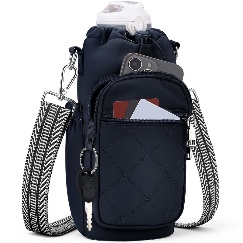 SYTRAH Water Bottle Carrier Bag with Strap, Water Bottle Purse with Phone Pocket 40oz, Insulated Crossbody Bags for Walking Hiking Dark Blue - Image 1