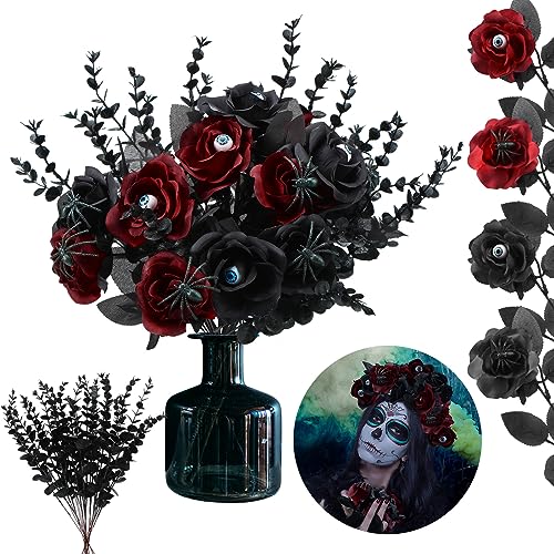 Hotop 40 Pcs Halloween Flowers with Eyeball and Spider Fake Bouquet Bloody Black Roses Artificial Flowers with Black Eucalyptus Stems for Halloween Vase Arrangements Table Decorations - Image 1
