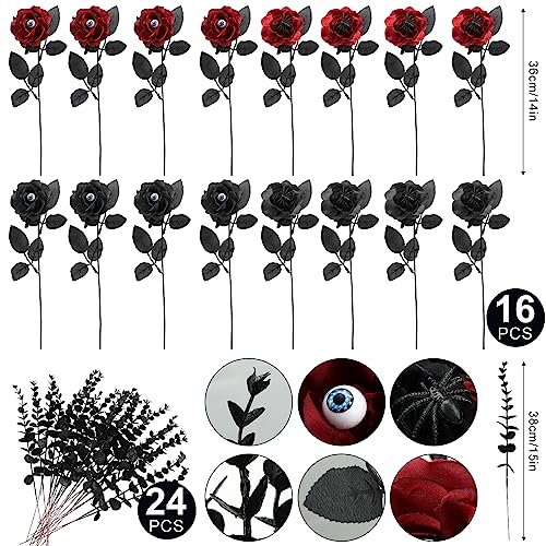 Hotop 40 Pcs Halloween Flowers with Eyeball and Spider Fake Bouquet Bloody Black Roses Artificial Flowers with Black Eucalyptus Stems for Halloween Vase Arrangements Table Decorations - Image 3