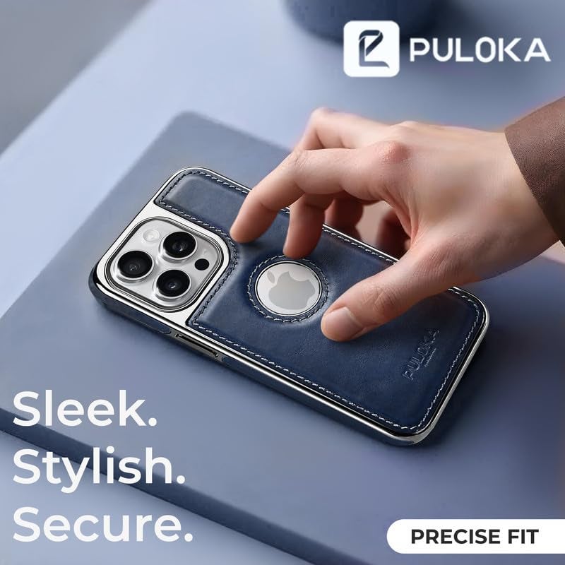 PULOKA Chrome Leather Back Case - Compatible with iPhone 14 Pro - Luxury Bumper Case - Flexible Vegan Leather - Electroplated Sides & Logocut - Full Camera Protetection & Raised Edges - Blue - Image 4