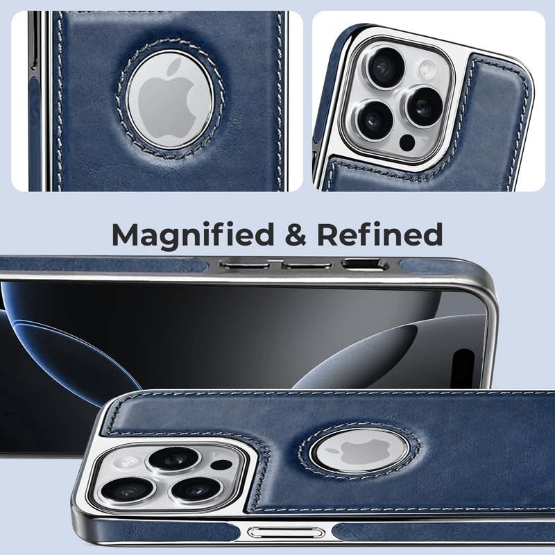 PULOKA Chrome Leather Back Case - Compatible with iPhone 14 Pro - Luxury Bumper Case - Flexible Vegan Leather - Electroplated Sides & Logocut - Full Camera Protetection & Raised Edges - Blue - Image 5