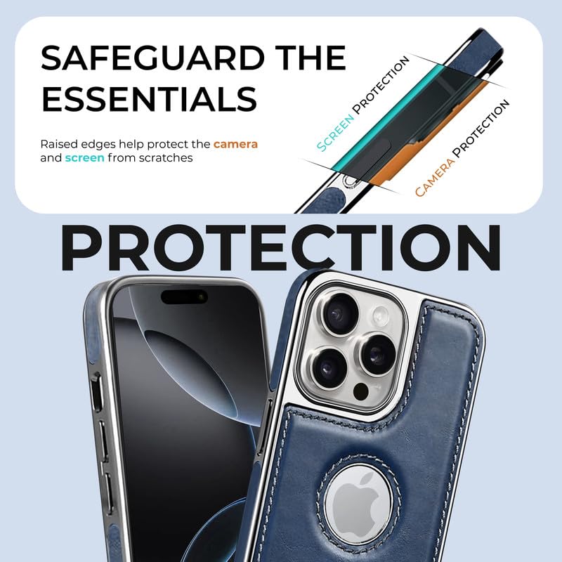 PULOKA Chrome Leather Back Case - Compatible with iPhone 14 Pro - Luxury Bumper Case - Flexible Vegan Leather - Electroplated Sides & Logocut - Full Camera Protetection & Raised Edges - Blue - Image 3