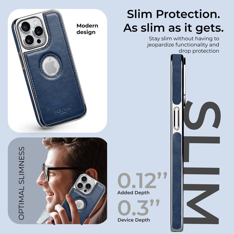 PULOKA Chrome Leather Back Case - Compatible with iPhone 14 Pro - Luxury Bumper Case - Flexible Vegan Leather - Electroplated Sides & Logocut - Full Camera Protetection & Raised Edges - Blue - Image 2