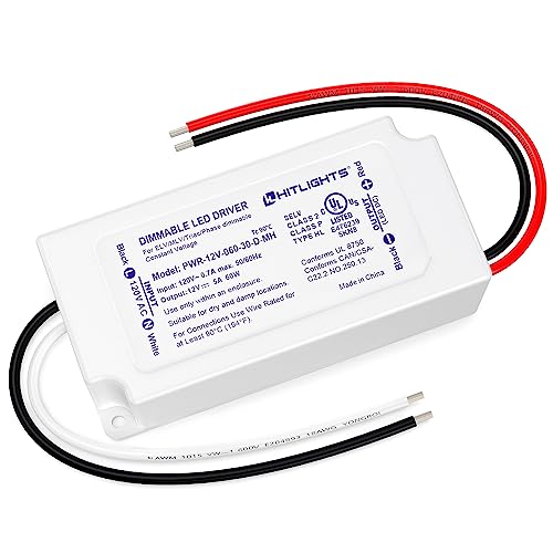 HitLights 60W Dimmable LED Driver, Electronic Transformer, 120V AC to 12V DC Power Supply for LED Strip Light, Low Voltage Lighting Project, Compatible with Lutron Leviton Dimmers, UL Listed, Class 2 - Image 1